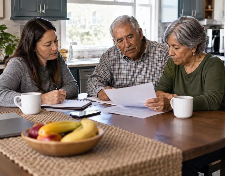 Family discussing a senior care plan together at home