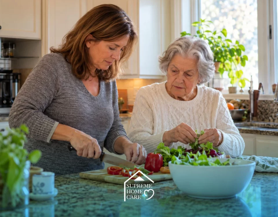 Adult daughter helping her elderly mother prepare a meal at home in Pennsylvania.