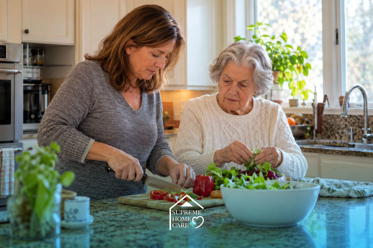 How to Get Paid to Care for a Family Member in PA - Supreme Homecare Adult daughter helping her elderly mother prepare a meal at home in Pennsylvania.